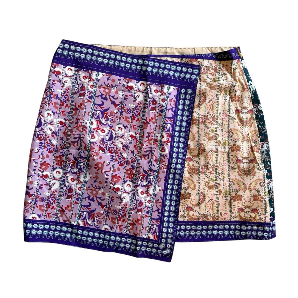 NWT Commense Printed Mini Skirt Faux Wrap Boho Lined Side Zip Sz. M